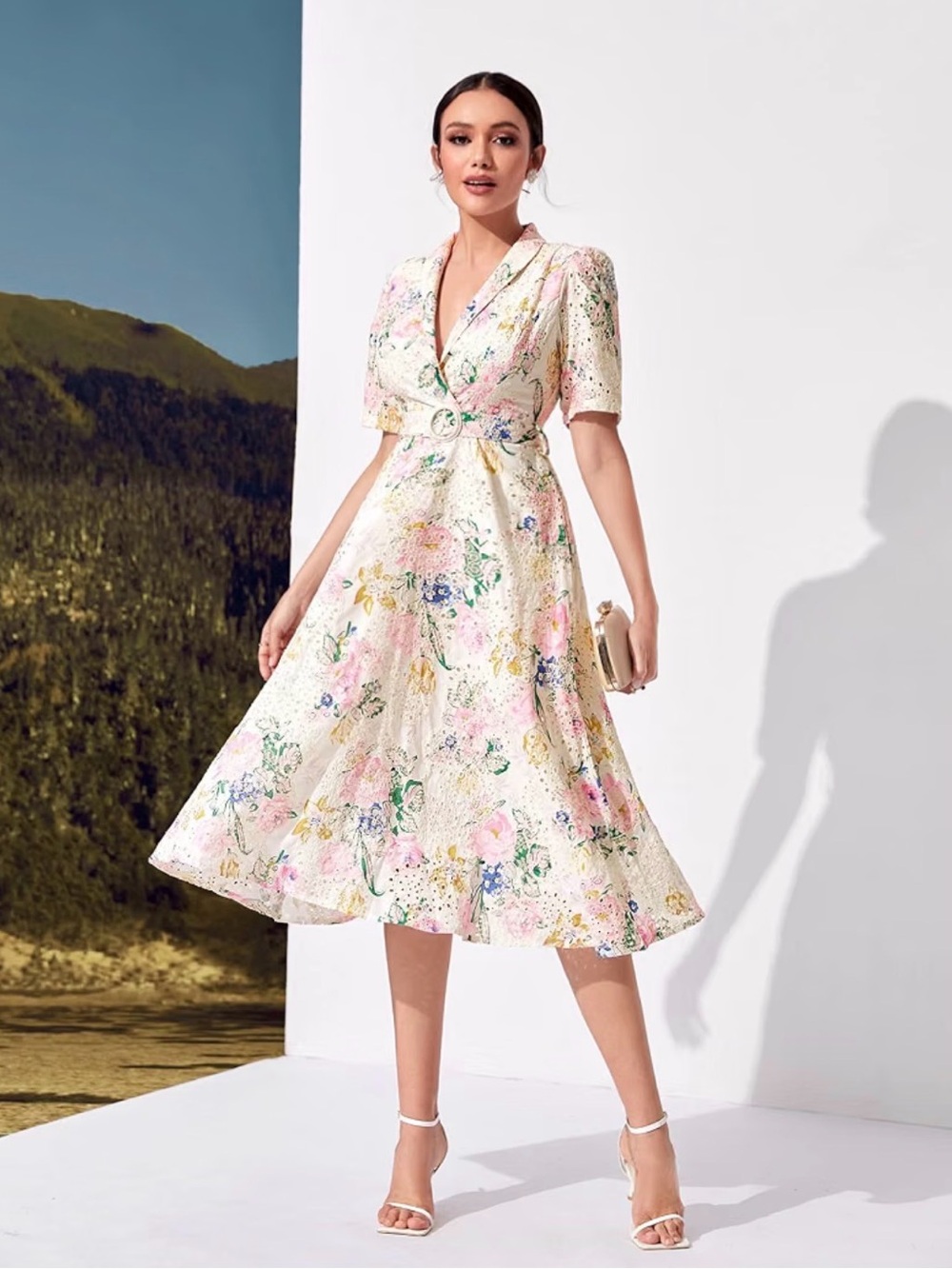Floral Eyelet Midi Shawl Collar Dress
